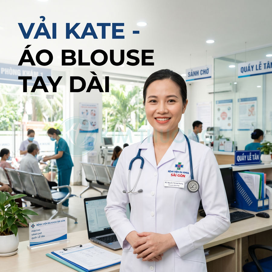 Áo blouse tay dài vải kate cho bác sĩ nữ đứng tại quầy lễ tân bệnh viện