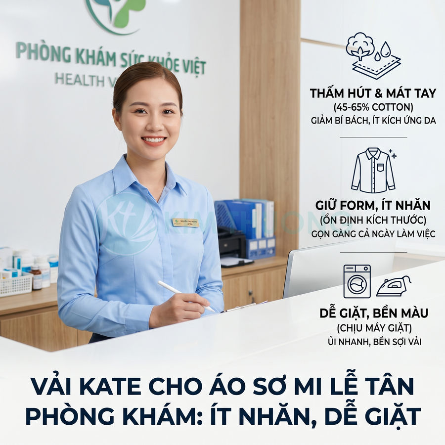 Nhân viên lễ tân phòng khám mặc áo sơ mi vải kate màu xanh nhạt, ít nhăn, dễ giặt, giữ form gọn gàng