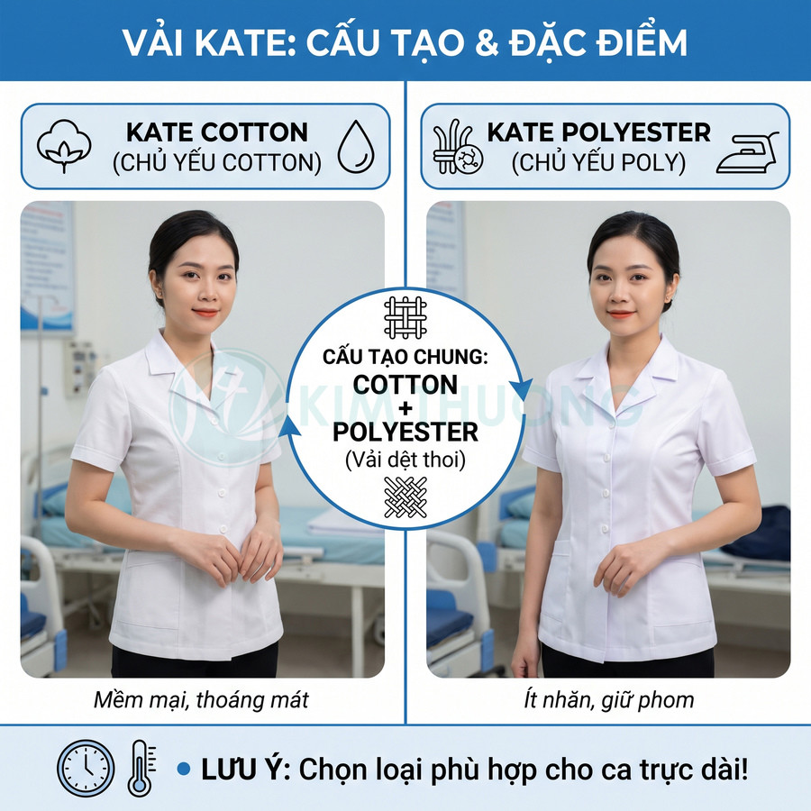 Vải Kate cotton polyester dùng may đồng phục y tá, mềm mại, thoáng mát và ít nhăn, giữ phom tốt