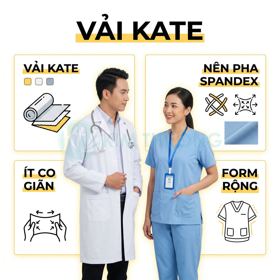 Bác sĩ và y tá mặc đồng phục y tế vải kate màu xanh trắng, form rộng ít co giãn, nền pha spandex