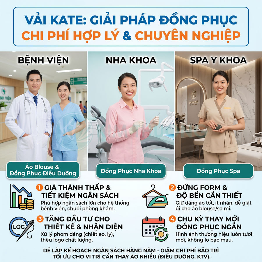 Đồng phục vải kate cho bệnh viện, nha khoa và spa y khoa với thiết kế chuyên nghiệp, chi phí hợp lý