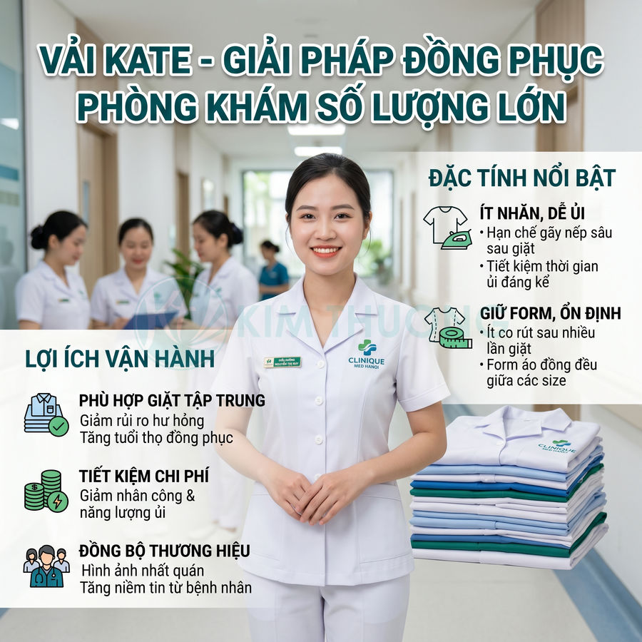 Đồng phục y tá vải kate màu trắng cho phòng khám, nhân viên nữ mỉm cười đứng cạnh chồng áo gấp gọn