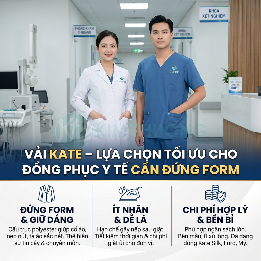 Đồng phục y tế vải kate cho bác sĩ và điều dưỡng, đứng form, ít nhăn, bền màu, phù hợp bệnh viện và phòng khám