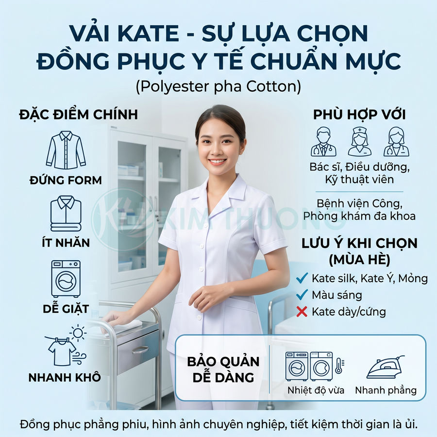 Nữ y tá mặc đồng phục y tế vải kate trắng đứng trong phòng khám hiện đại, đồng phục phẳng phiu chuyên nghiệp
