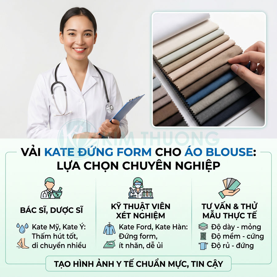 Bác sĩ mặc áo blouse trắng cầm hồ sơ bên cạnh bảng màu vải kate đứng form cho đồng phục y tế