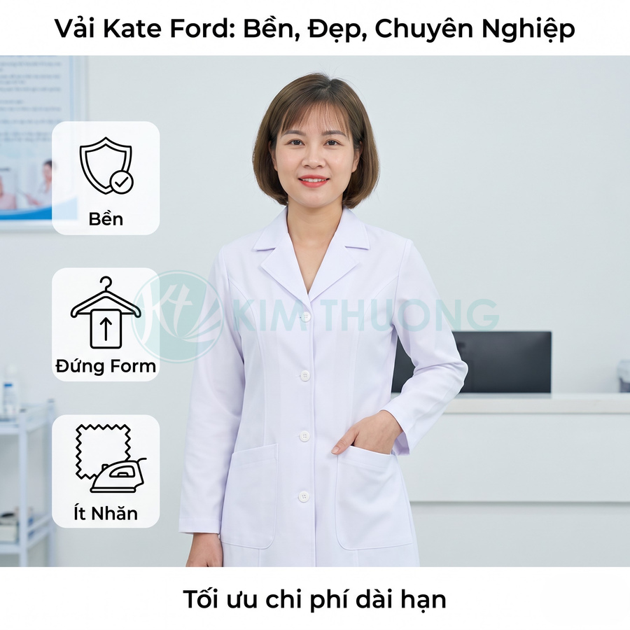 Nữ nhân viên mặc áo blouse trắng may từ vải Kate Ford bền, đứng form và ít nhăn
