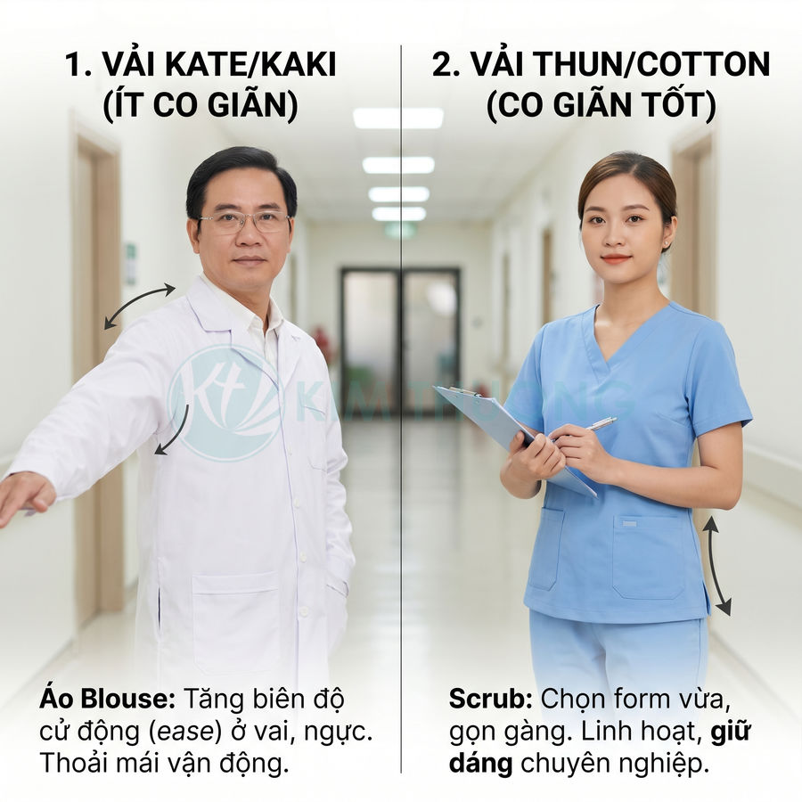 So sánh áo blouse vải kate kaki và bộ scrub vải thun cotton cho nhân viên y tế trong bệnh viện
