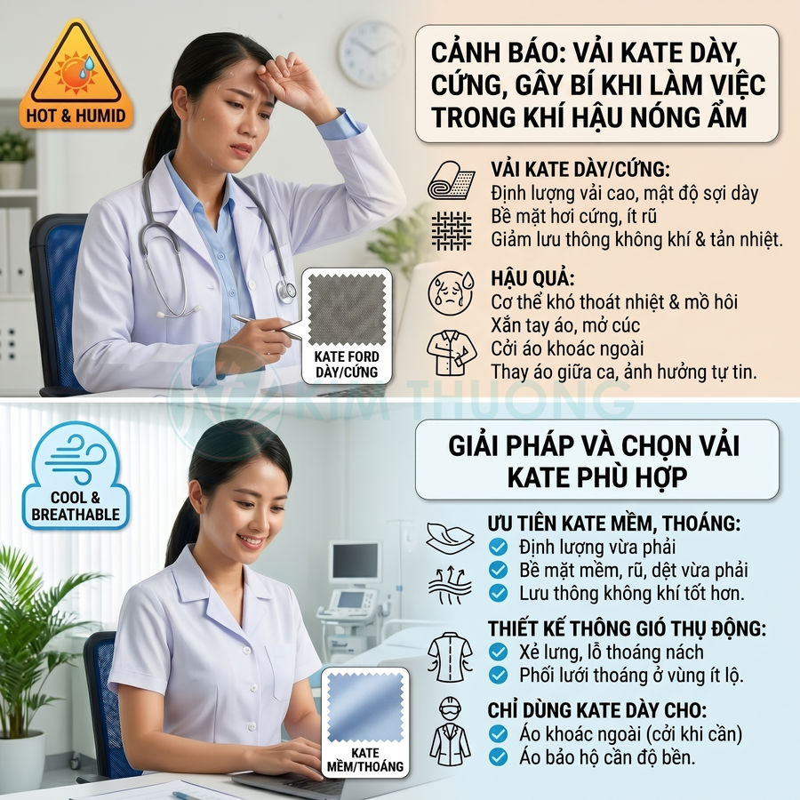 So sánh bác sĩ mặc áo blouse vải kate dày bí nóng và áo blouse vải kate mềm thoáng mát trong phòng khám