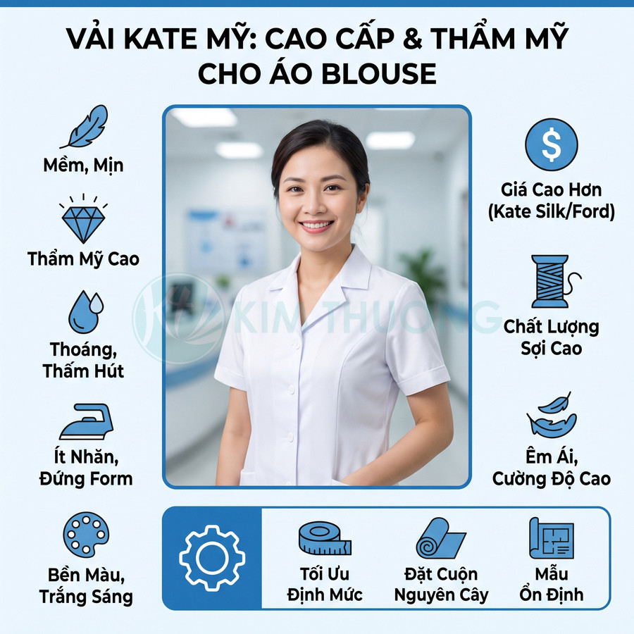 Vải kate Mỹ may áo blouse trắng với ưu điểm mềm mịn, thoáng mát và giữ form tốt