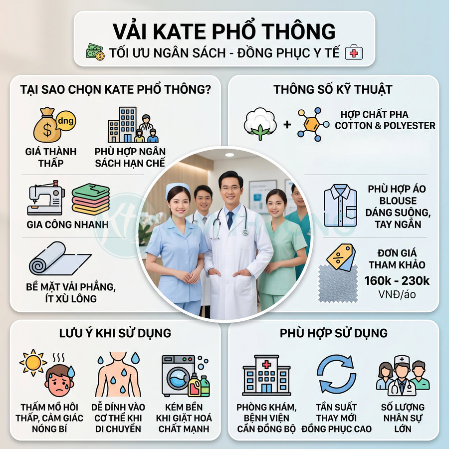 Infographic giới thiệu vải kate phổ thông cho đồng phục y tế, bác sĩ và y tá mặc áo blouse và scrub trong bệnh viện