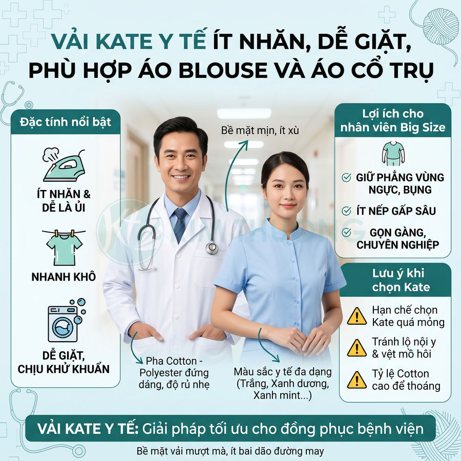 Đồng phục bác sĩ và y tá vải kate y tế ít nhăn, dễ giặt, bề mặt mịn phù hợp áo blouse và áo cổ trụ