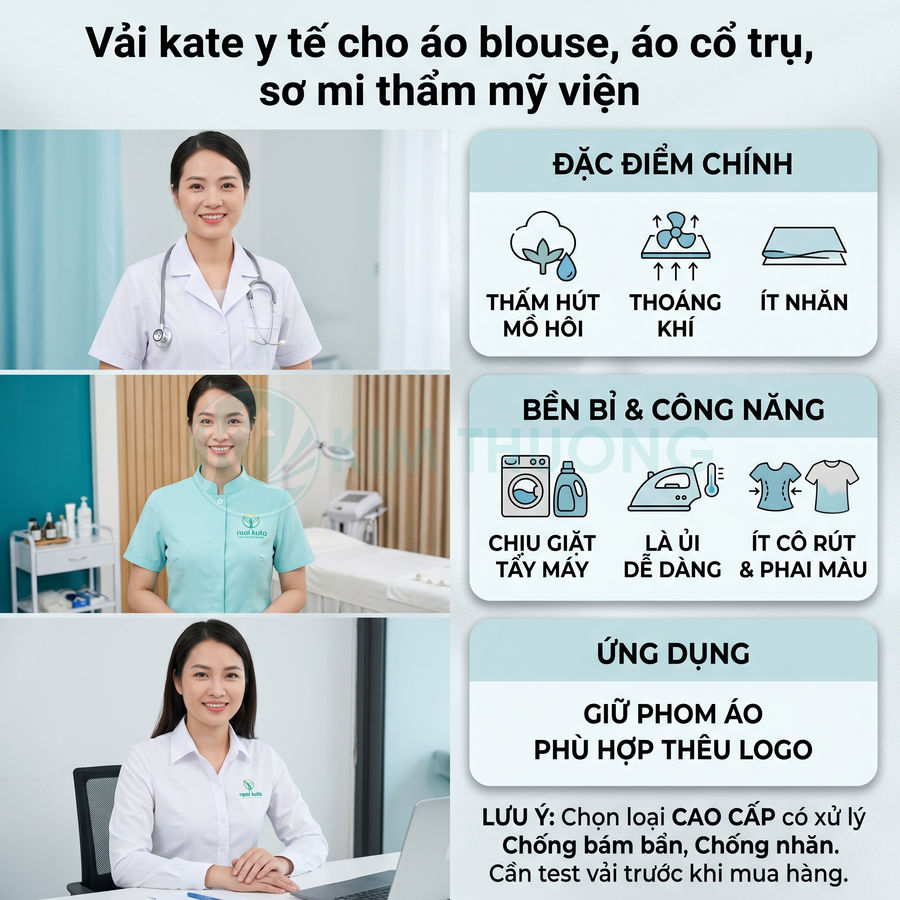 Vải kate y tế may áo blouse, áo cổ trụ và sơ mi thẩm mỹ viện thấm hút mồ hôi, thoáng khí, ít nhăn