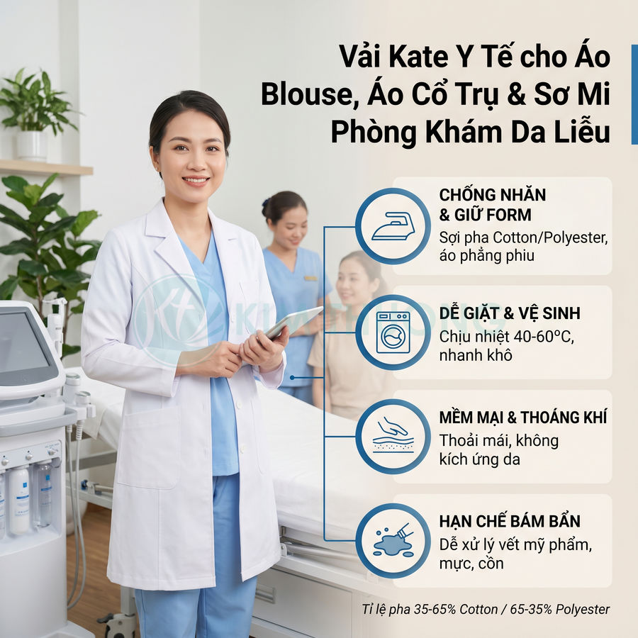 Bác sĩ mặc áo blouse vải kate y tế đứng trong phòng khám da liễu, giới thiệu ưu điểm chất liệu vải