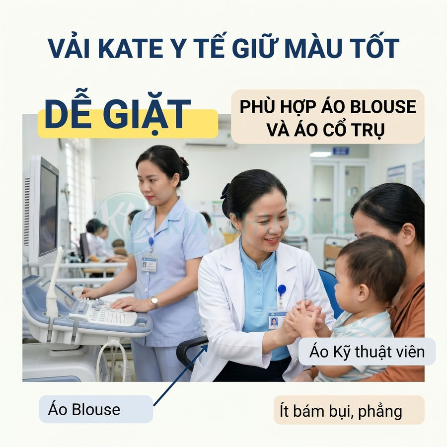 Nhân viên y tế mặc áo blouse và áo kỹ thuật viên vải kate y tế ít bám bụi, dễ giặt, giữ màu tốt