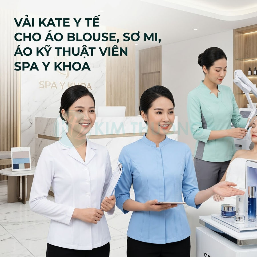 Nhân viên spa mặc áo blouse và đồng phục kỹ thuật viên vải kate trong không gian spa y khoa hiện đại