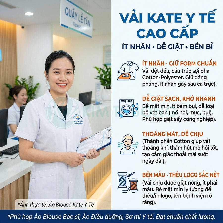 Áo blouse Kate y tế cao cấp cho bác sĩ điều dưỡng, chất vải ít nhăn, dễ giặt, thoáng mát, bền màu, phù hợp môi trường bệnh viện
