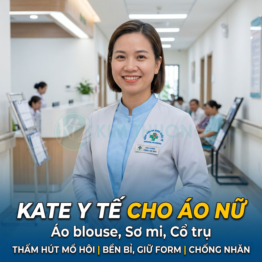 Nữ bác sĩ mặc áo blouse nữ chất liệu kate y tế đứng trong hành lang bệnh viện