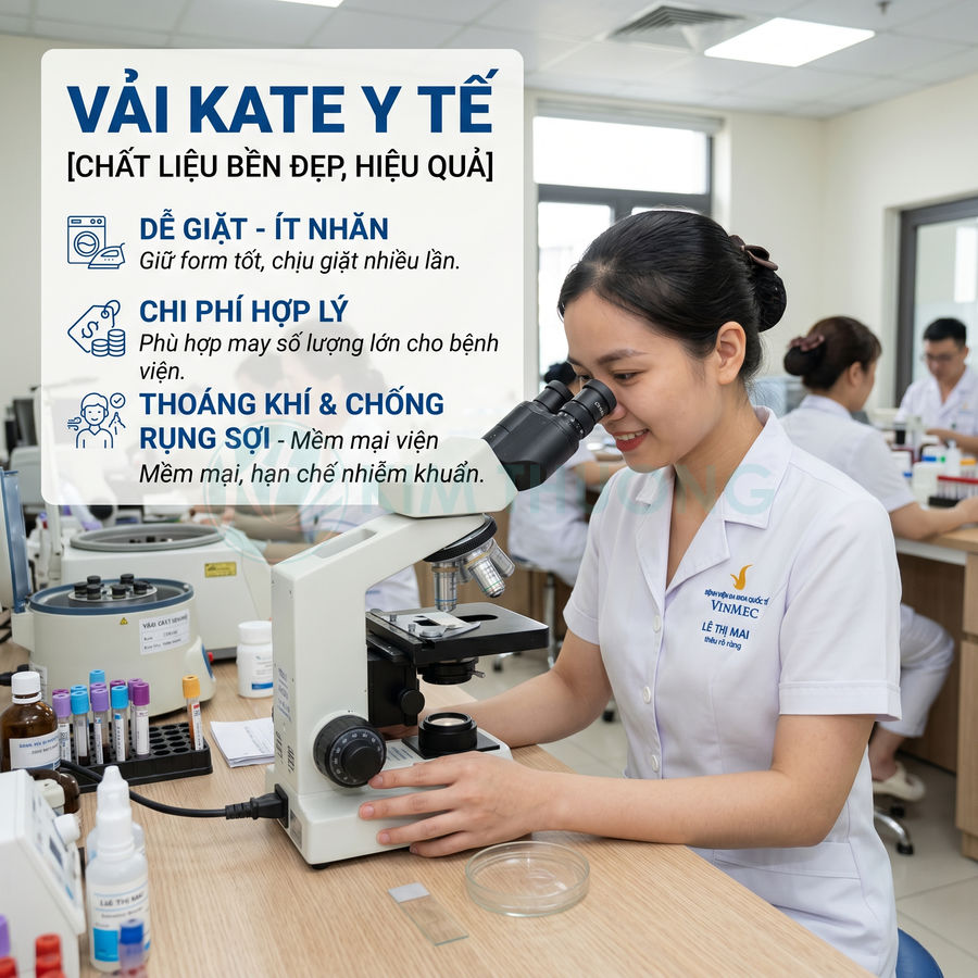 Đồng phục y tá vải kate y tế Vinmec màu trắng, chất liệu bền đẹp, thoáng khí, dễ giặt ít nhăn trong phòng thí nghiệm