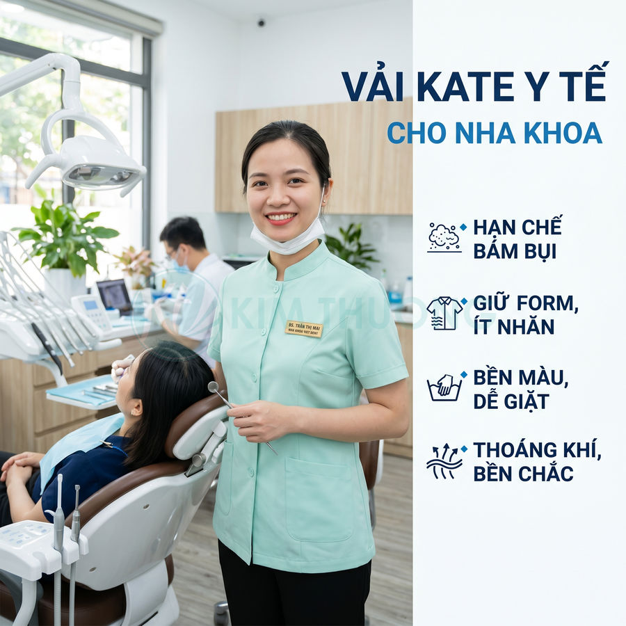 Đồng phục nha khoa vải kate y tế màu xanh mint cho bác sĩ, hạn chế bám bụi, giữ form, bền màu, thoáng khí
