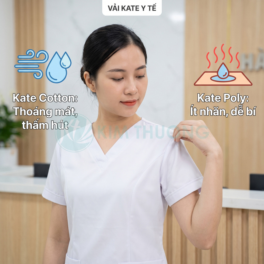 Nữ nhân viên y tế mặc áo blouse vải kate cotton thoáng mát, thấm hút tốt, so sánh với vải kate poly ít nhăn nhưng dễ bí