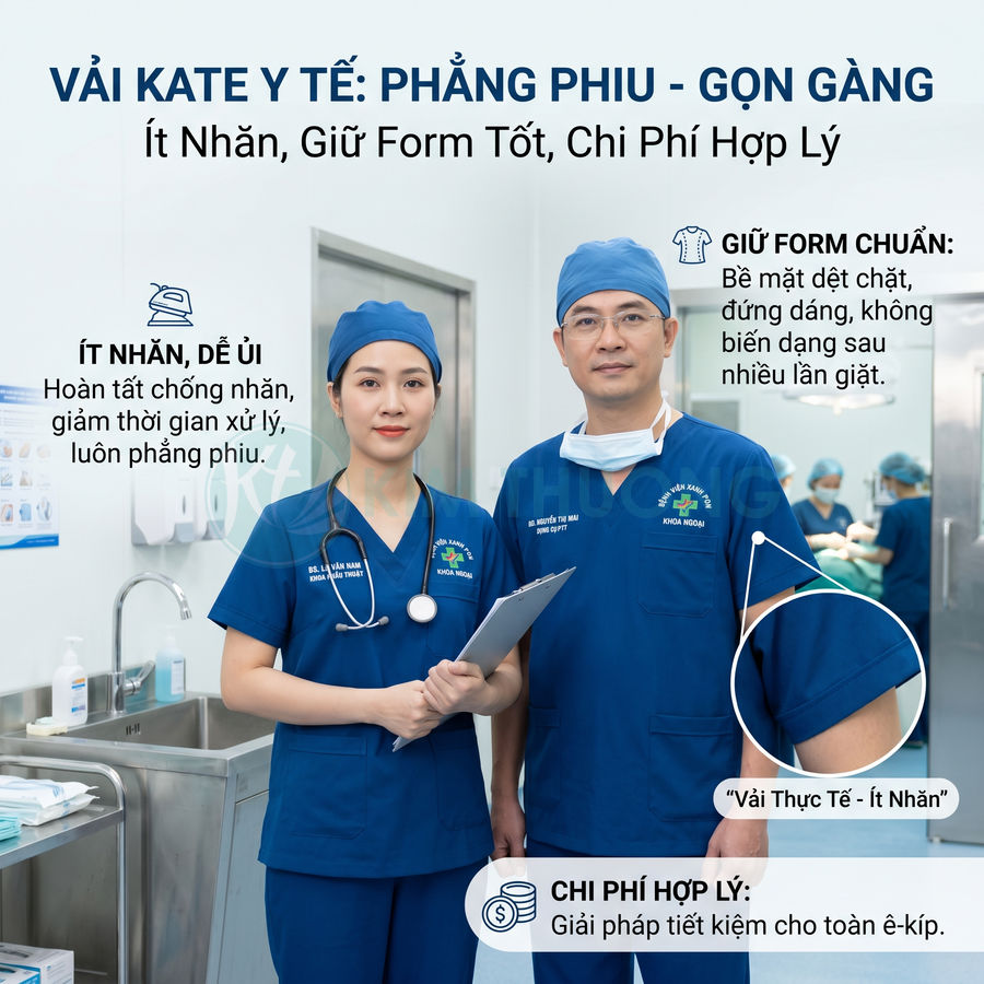 Bộ đồ scrub vải kate y tế màu xanh ít nhăn, giữ form tốt được hai bác sĩ mặc trong phòng khám