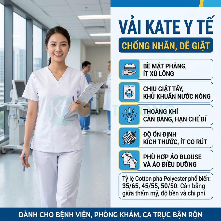Đồng phục y tá vải kate y tế màu trắng, chống nhăn dễ giặt, phù hợp bệnh viện phòng khám