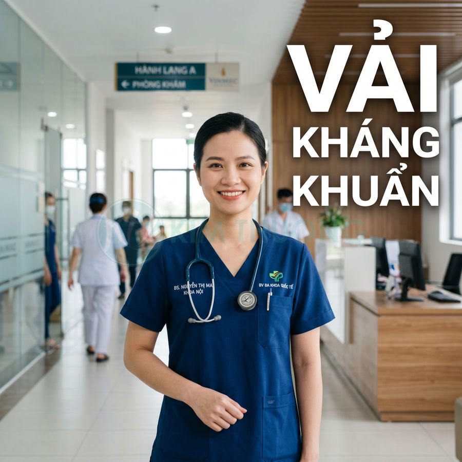 Bác sĩ mặc đồng phục y tế vải kháng khuẩn màu xanh navy trong bệnh viện hiện đại