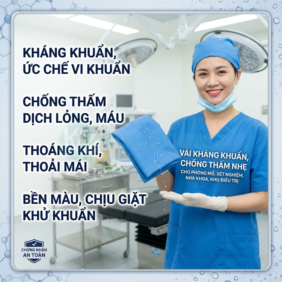 Nữ nhân viên y tế cầm tấm vải y khoa màu xanh kháng khuẩn chống thấm trong phòng phẫu thuật