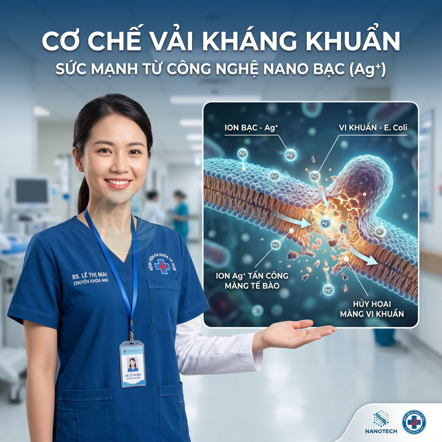 Bác sĩ giới thiệu cơ chế vải kháng khuẩn sử dụng công nghệ nano bạc Ag+ tiêu diệt vi khuẩn E.coli