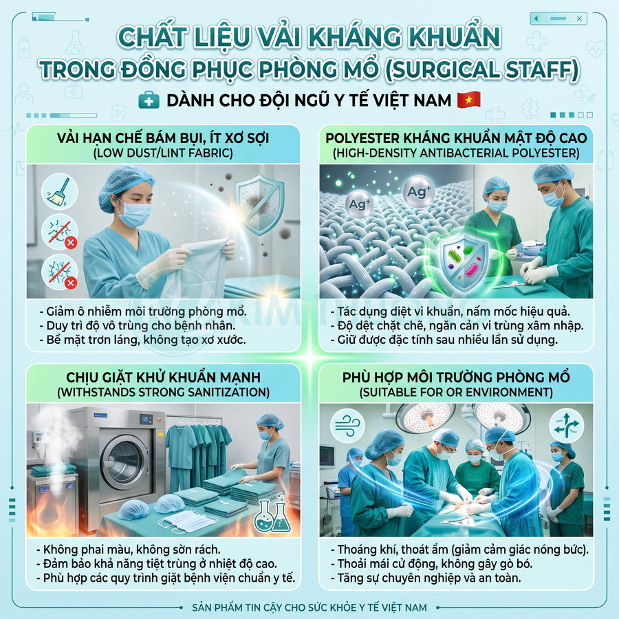 Đồng phục phòng mổ vải kháng khuẩn cho đội ngũ y tế Việt Nam, bền màu, chịu giặt khử khuẩn, thoáng khí an toàn