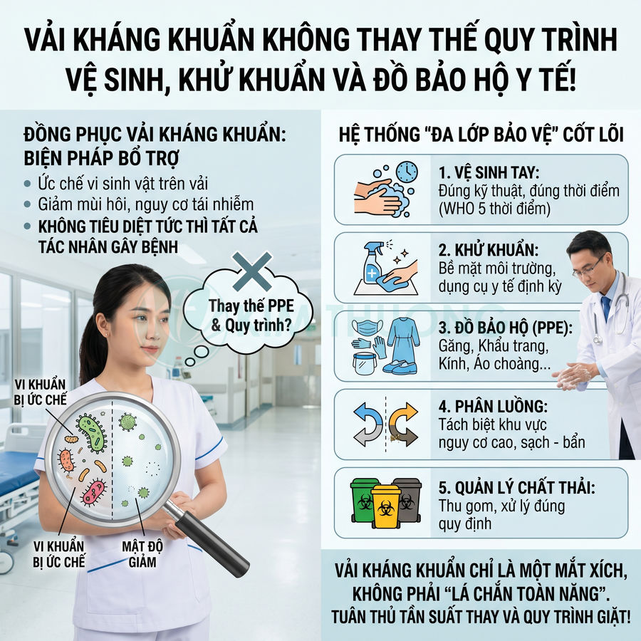 Infographic về vải kháng khuẩn trong đồng phục y tế và quy trình vệ sinh, khử khuẩn, bảo hộ cho nhân viên y tế