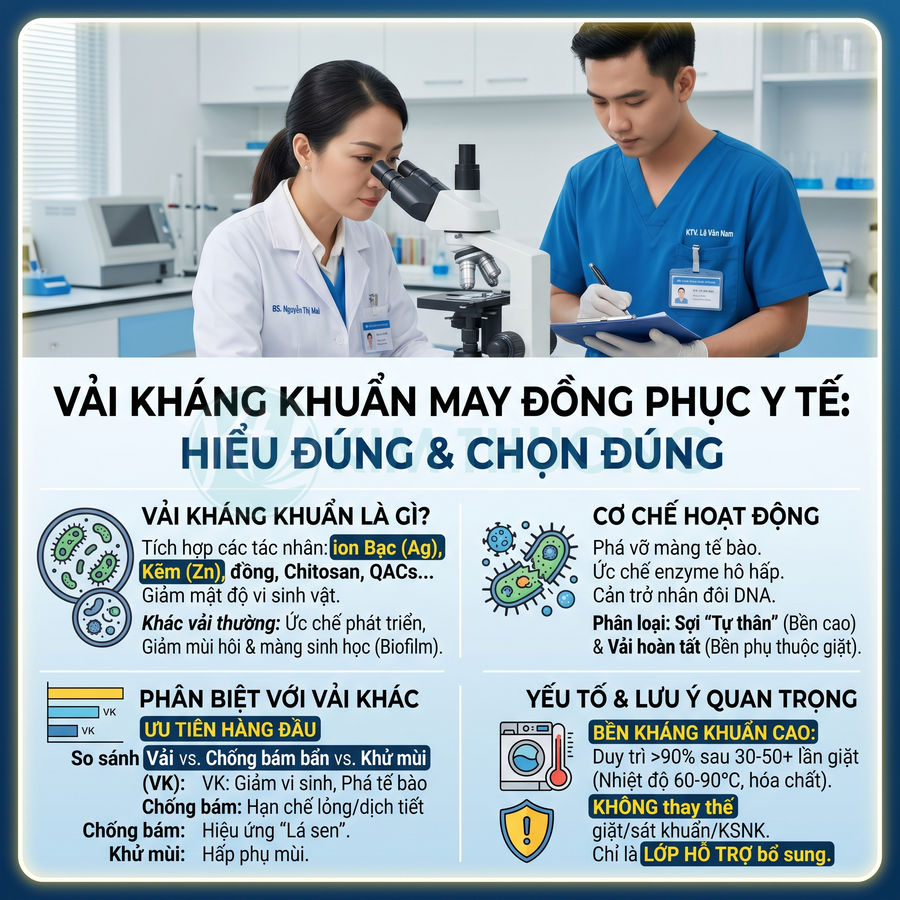 Infographic giới thiệu vải kháng khuẩn may đồng phục y tế, giải thích cơ chế, ưu điểm và lưu ý khi lựa chọn