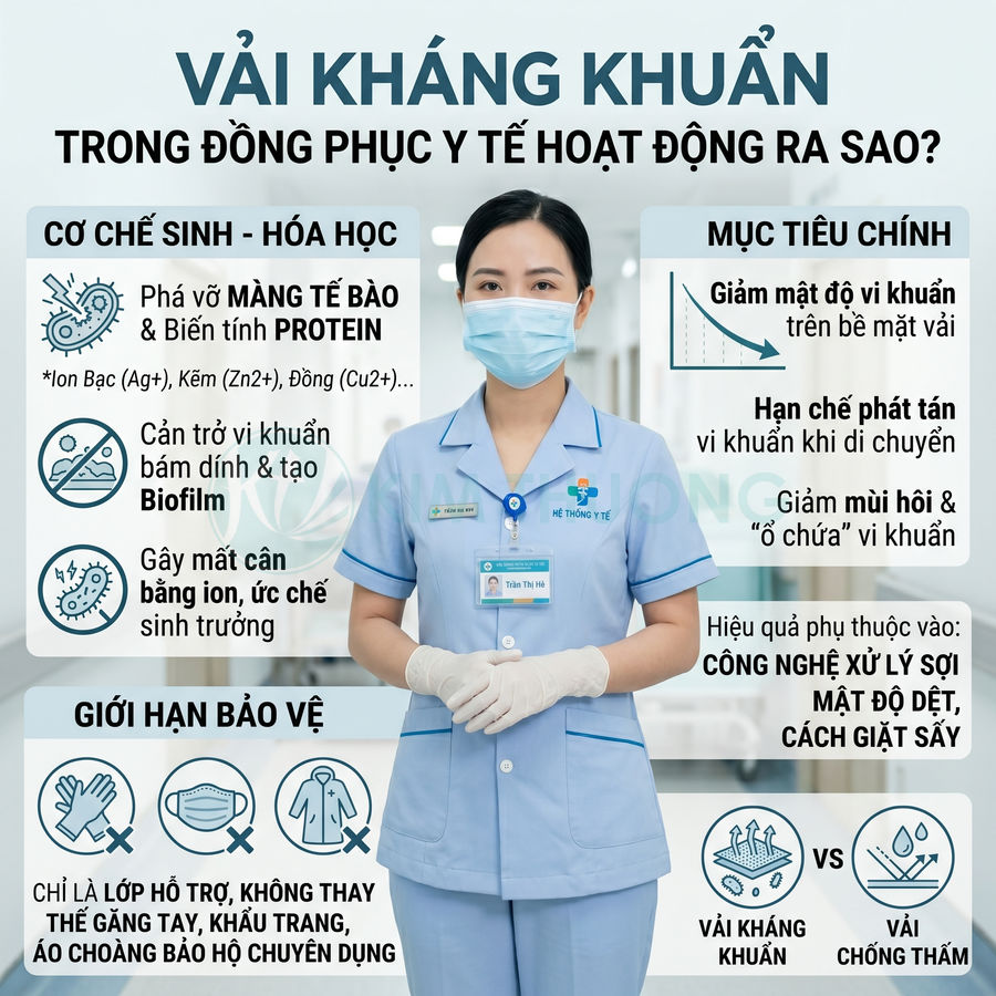 Đồng phục y tế vải kháng khuẩn màu xanh nhạt cho điều dưỡng đeo khẩu trang và găng tay trong bệnh viện