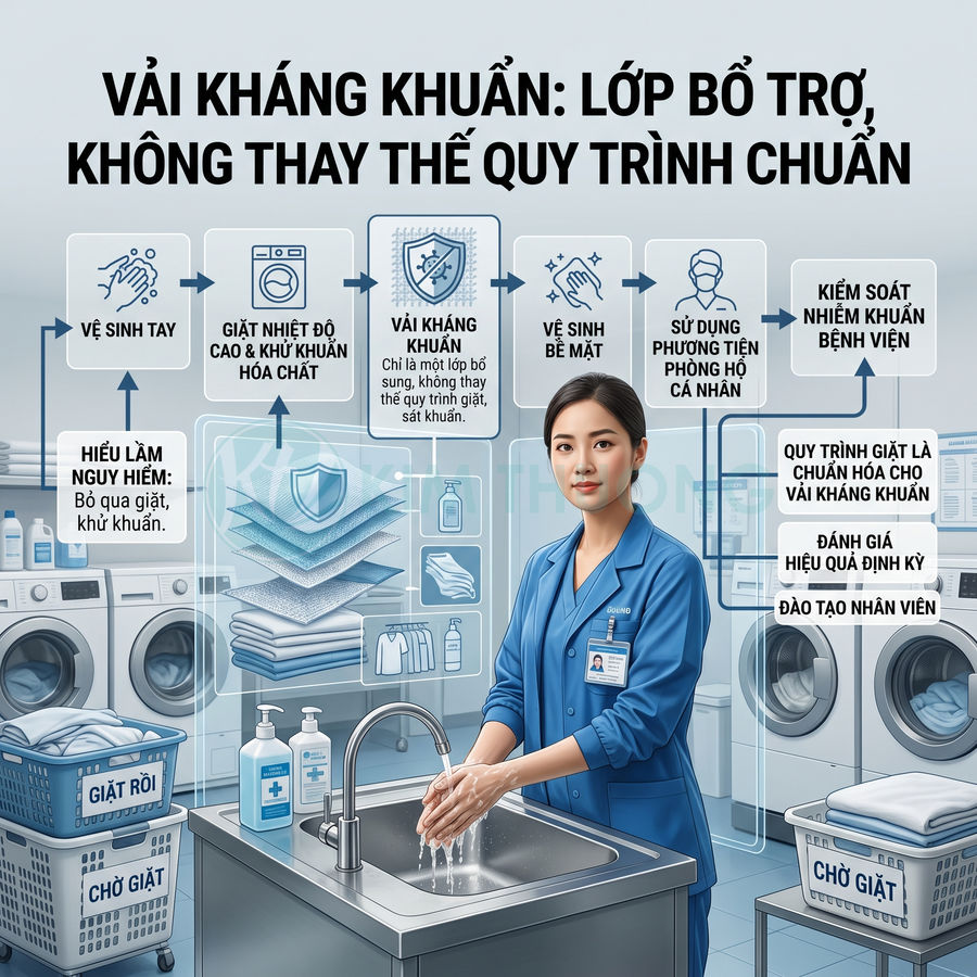 Nhân viên y tế rửa tay bên bồn rửa trong phòng giặt bệnh viện với máy giặt và vải kháng khuẩn xếp chồng