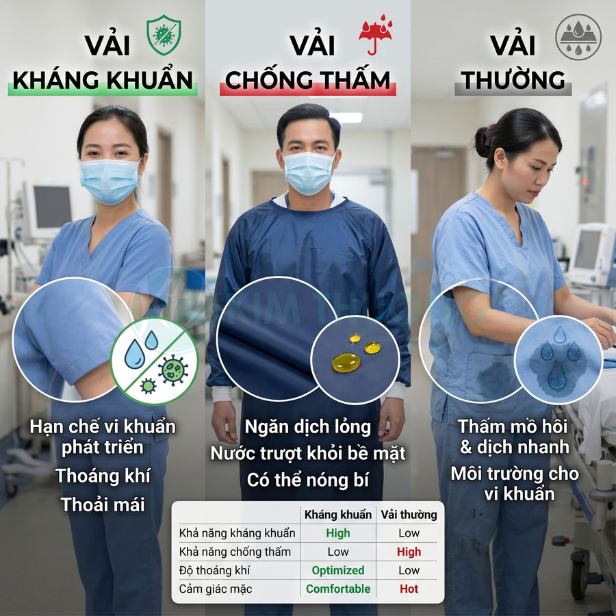 So sánh vải kháng khuẩn, vải chống thấm và vải thường trên đồ bảo hộ y tế của nhân viên bệnh viện