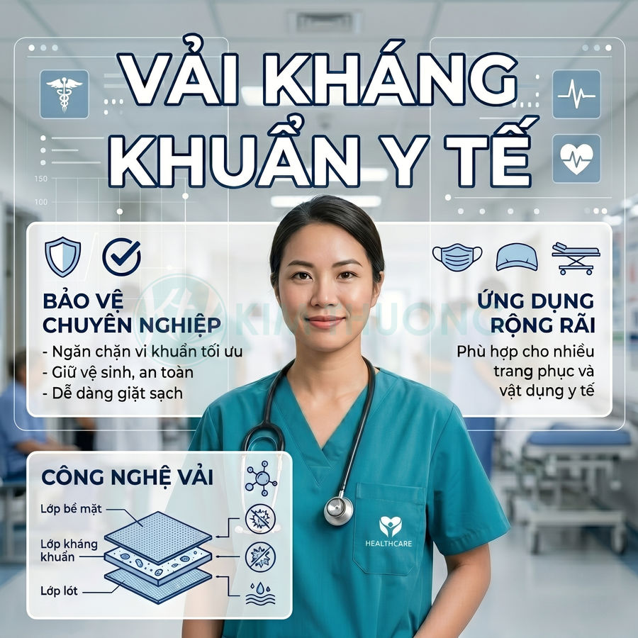Nữ bác sĩ mặc đồng phục y tế giới thiệu vải kháng khuẩn y tế bảo vệ chuyên nghiệp và ứng dụng rộng rãi