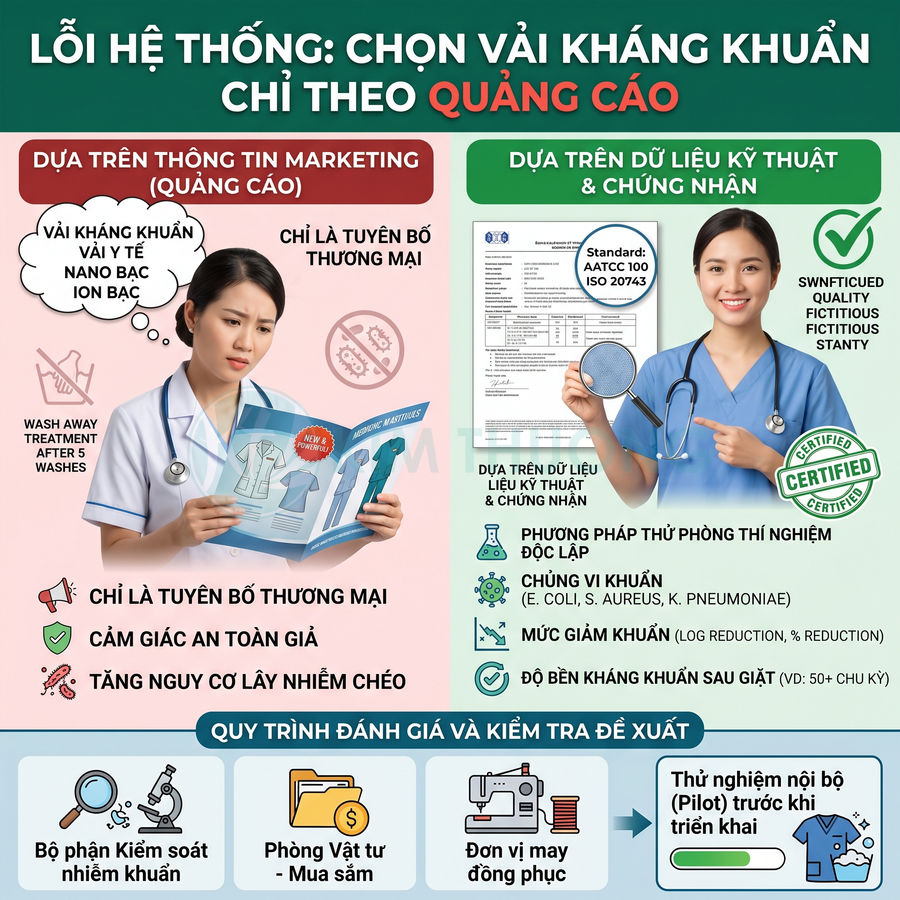 So sánh vải kháng khuẩn theo quảng cáo và theo chứng nhận kỹ thuật trong lựa chọn đồng phục y tế
