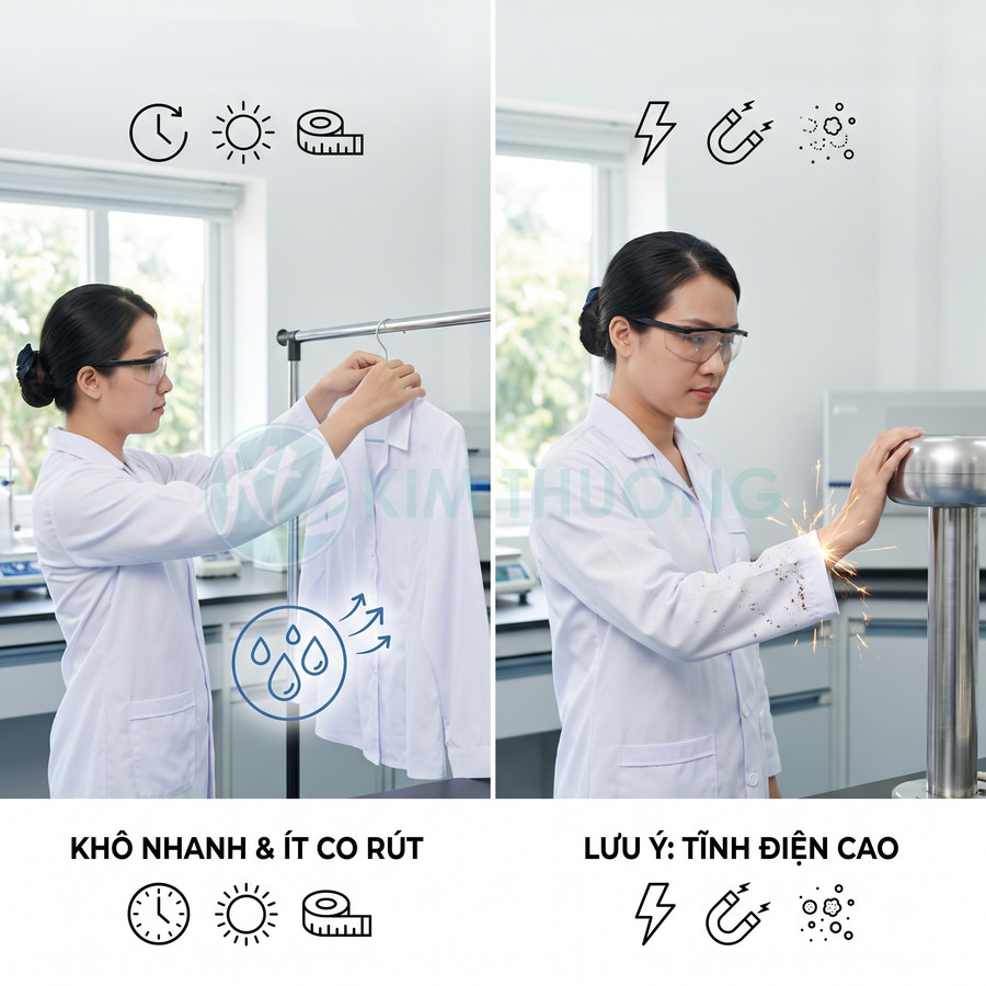 Áo blouse trắng nhanh khô, ít co rút nhưng có thể tích điện cao khi sử dụng 񟿿