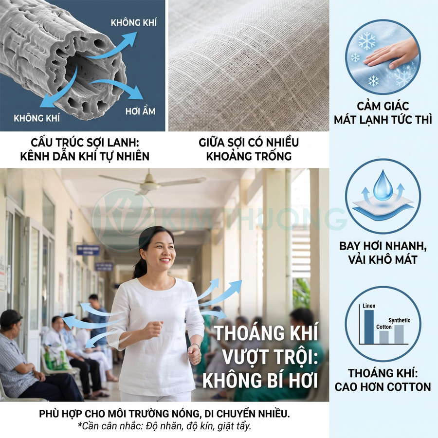 Vải lanh thoáng khí, tạo cảm giác mát lạnh và khô nhanh, phù hợp thời tiết nóng.