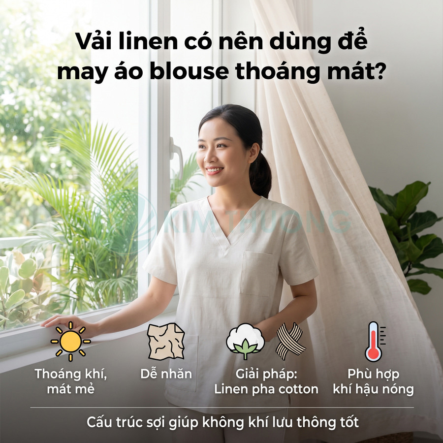 Áo blouse ngắn tay cổ chữ V bằng vải linen pha cotton màu trắng, thoáng mát cho khí hậu nóng.