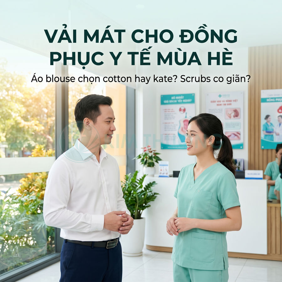 Nhân viên y tế mặc bộ scrubs xanh mint đứng tư vấn với khách trong sảnh phòng khám hiện đại