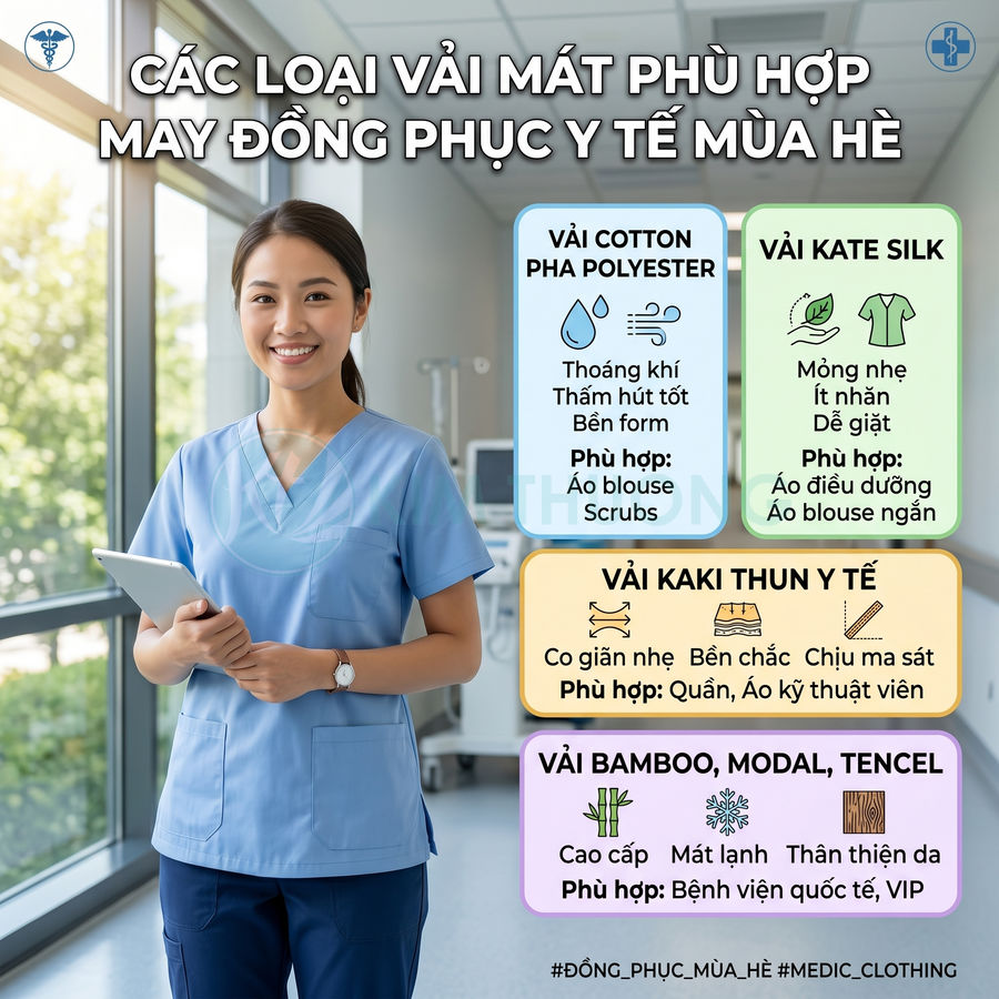 Nữ y tá mặc đồng phục y tế mùa hè màu xanh đứng trong bệnh viện, cạnh bảng giới thiệu các loại vải mát