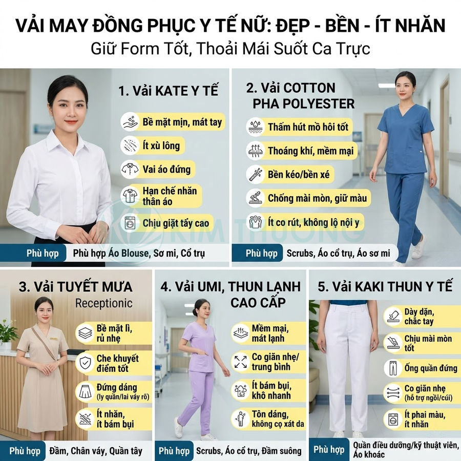 Các loại vải may đồng phục y tế nữ với mẫu áo blouse, váy, scrubs và quần y tá nhiều màu sắc