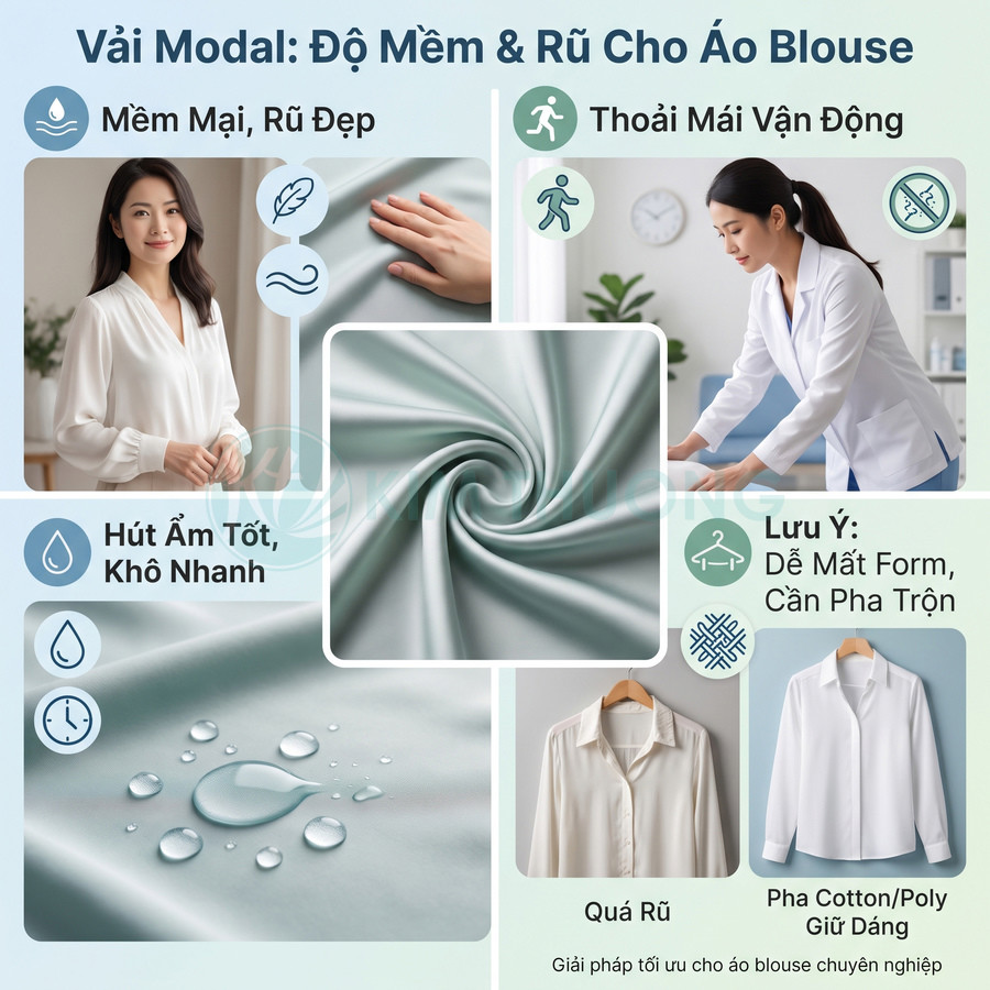 Vải Modal mềm mại, rũ đẹp, hút ẩm nhanh và phù hợp may áo blouse nữ thoải mái vận động, giữ dáng khi pha cotton poly