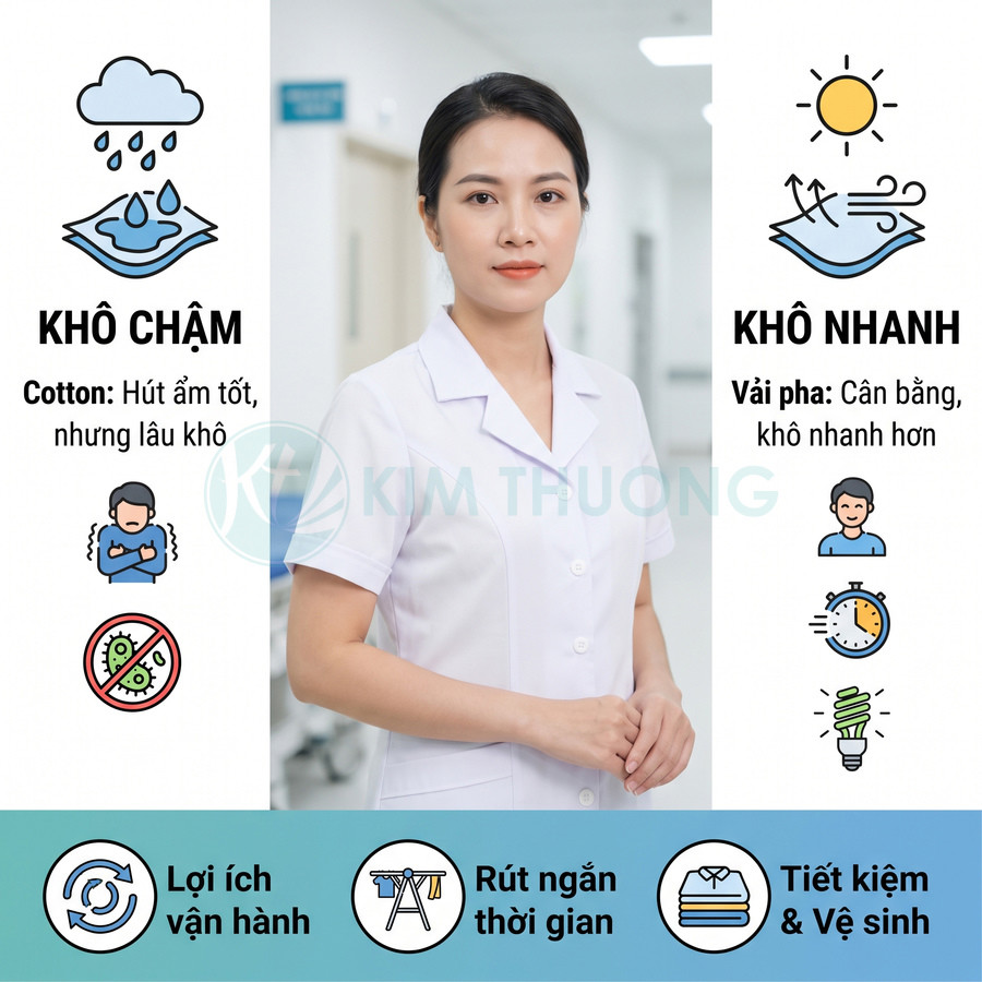 Nữ nhân viên y tế mặc áo blouse trắng, so sánh vải cotton lâu khô với vải pha khô nhanh