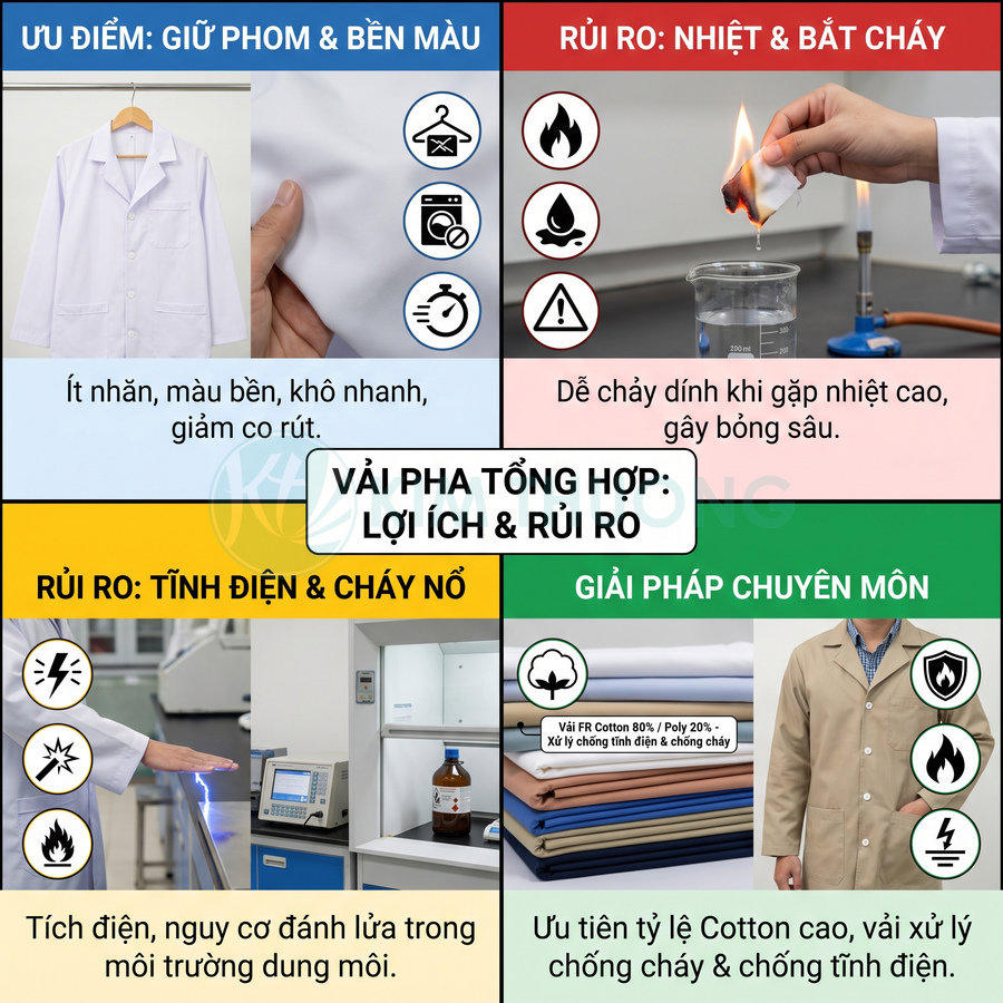 Áo blouse vải pha tổng hợp ít nhăn nhưng có nguy cơ nóng chảy, tĩnh điện và cháy; ưu tiên vải cotton xử lý chống cháy.