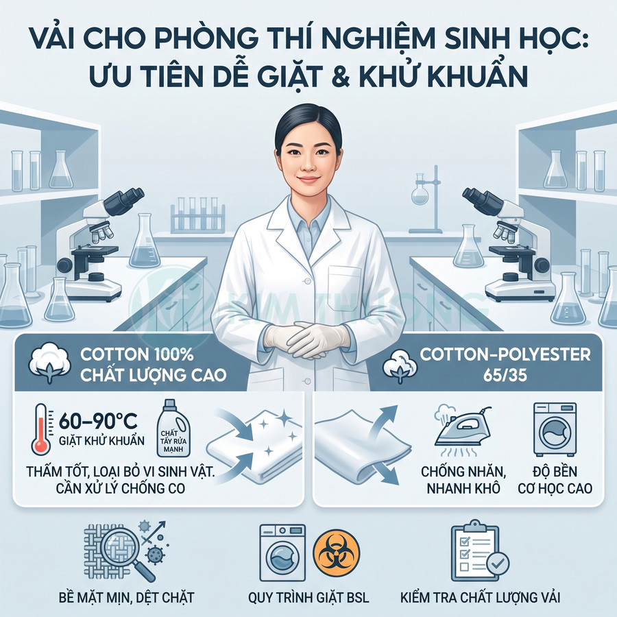 Infographic hướng dẫn chọn vải cotton và cotton-polyester cho phòng thí nghiệm sinh học, ưu tiên dễ giặt và khử khuẩn