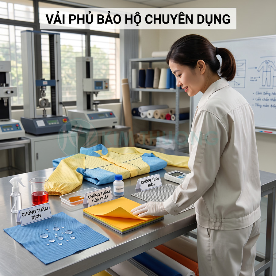 Kỹ sư kiểm tra vải phủ bảo hộ chuyên dụng chống thấm dịch, hóa chất và chống tĩnh điện trên bàn thí nghiệm