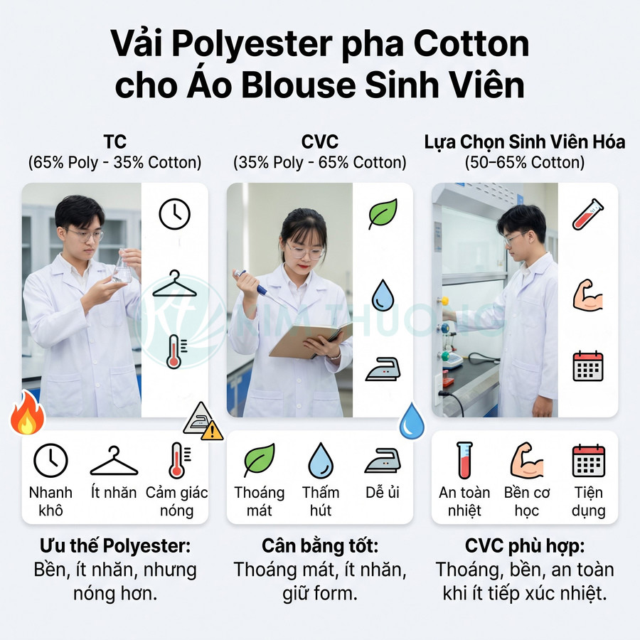 So sánh vải polyester pha cotton cho áo blouse sinh viên, nêu đặc tính của vải TC và CVC.