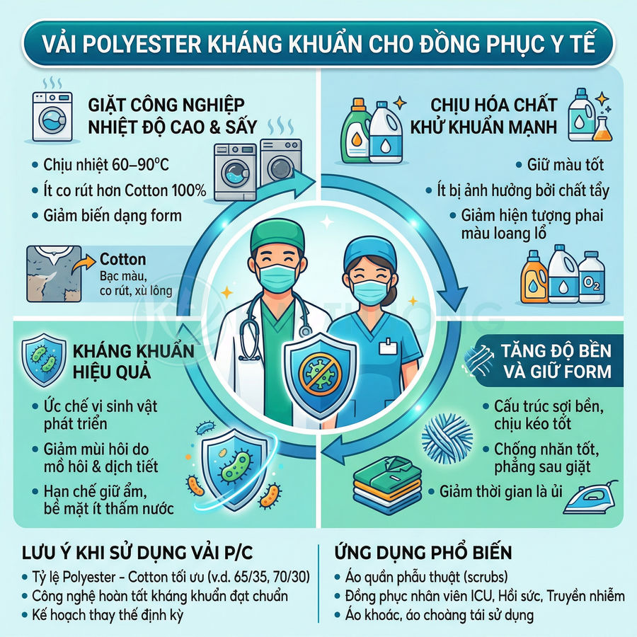 Vải polyester kháng khuẩn cho đồng phục y tế, minh họa bác sĩ y tá và các ưu điểm về bền màu, giữ form, chống khuẩn